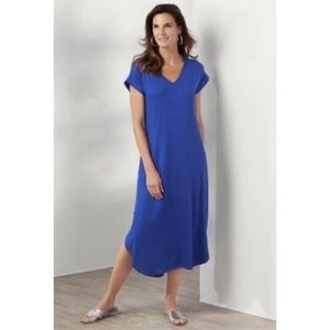SOFT SURROUNDINGS SO EASY KNIT V-NECK BLUE MIDI STRAIGHT SHIFT DRESS SZ M